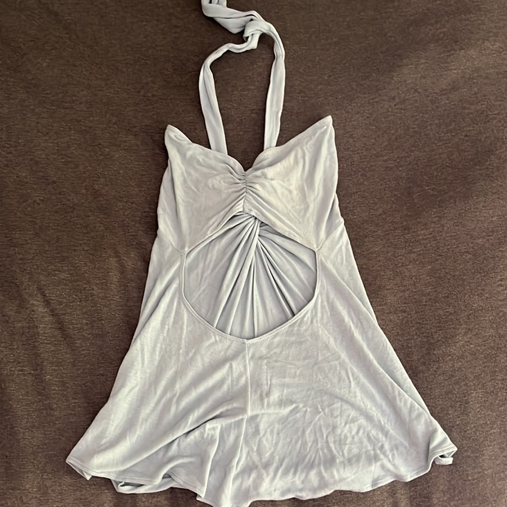 MASON Blue halter top shirt petite or small back cutout open back blouse tank - Picture 3 of 7